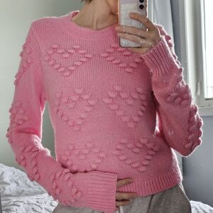 Cotton Candy Pink Pom-Pom Hearts Knit Sweater sz XS Romantic Valentines Coquette
